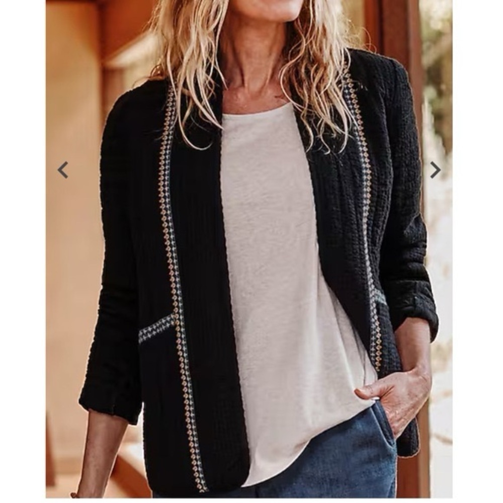 J Jill PureJill Elements Seersucker Black Trimmed Quilted Open Jacket Cardigan M